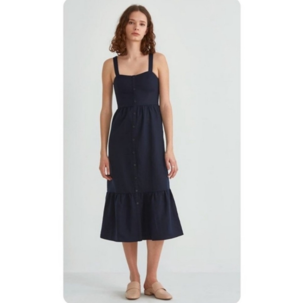 Frank and Oak Navy Blue Button Down Ruffle Sun Dress Sleeveless Size Medium - Picture 2 of 15